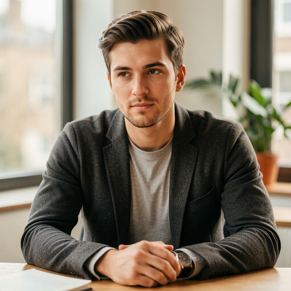 Editorial portrait of Oliver Clarke, London wellness writer, seated at a desk with natural window light, thoughtful expression, warm editorial tone