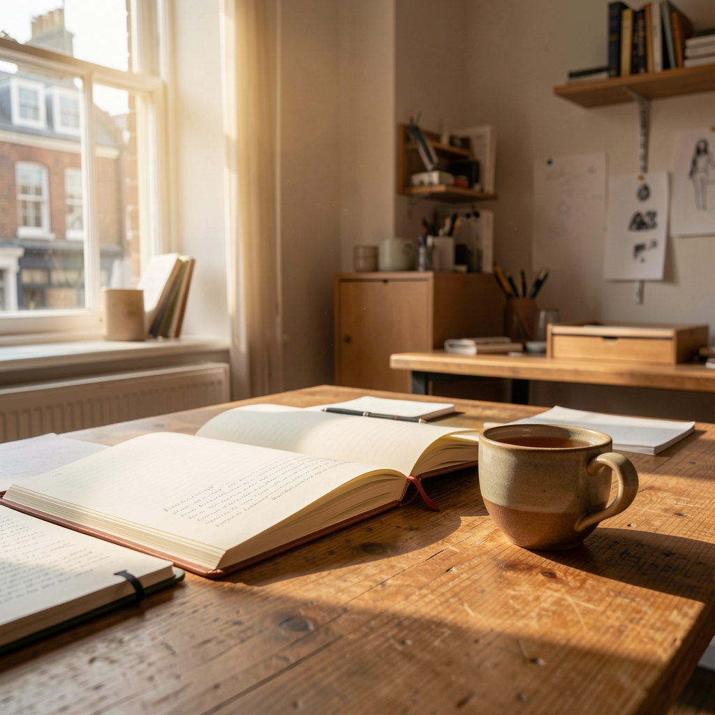 Editorial workspace with open notebooks, a ceramic cup of tea, and warm morning light through a window in a London studio