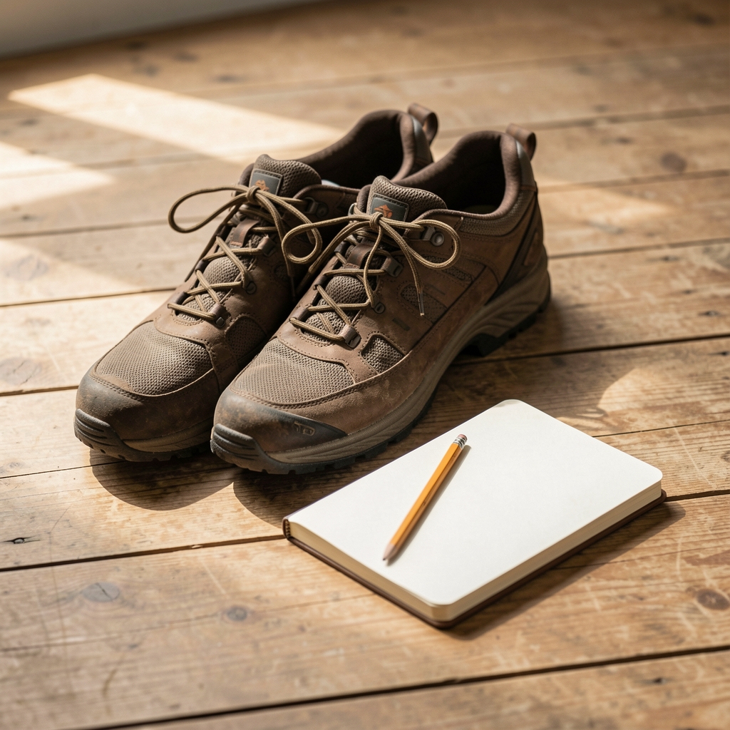 Pair of walking shoes beside a small notebook and pencil on a wooden floor, morning light, documentary editorial style