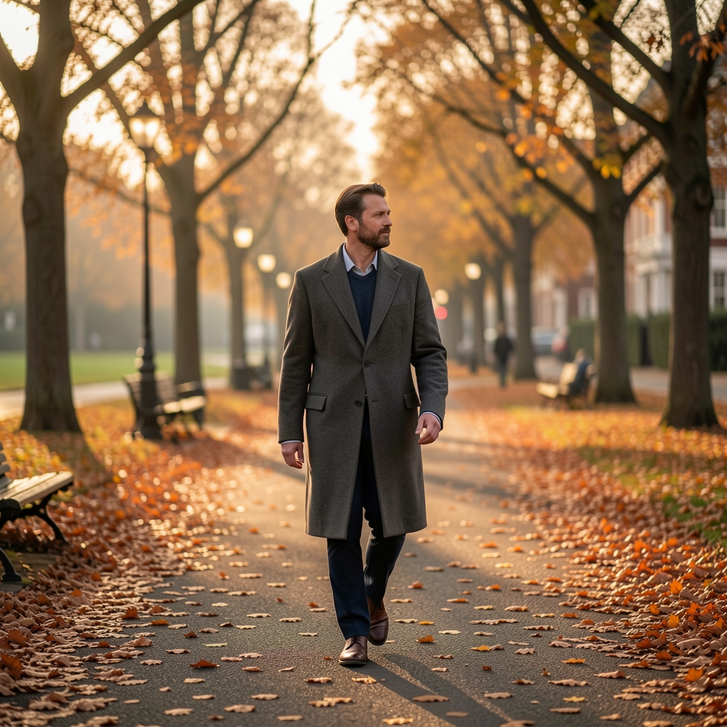 Person walking through a quiet London park at dawn, autumn leaves on the ground, long coat, editorial soft-focus documentary style