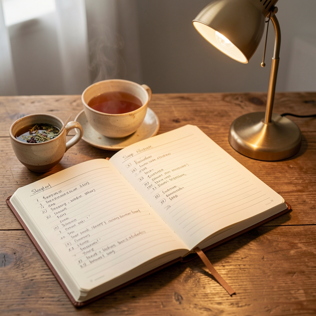 Open habit journal on a wooden desk beside a cup of herbal tea and a small reading lamp, handwritten sleep log entries visible, warm editorial light