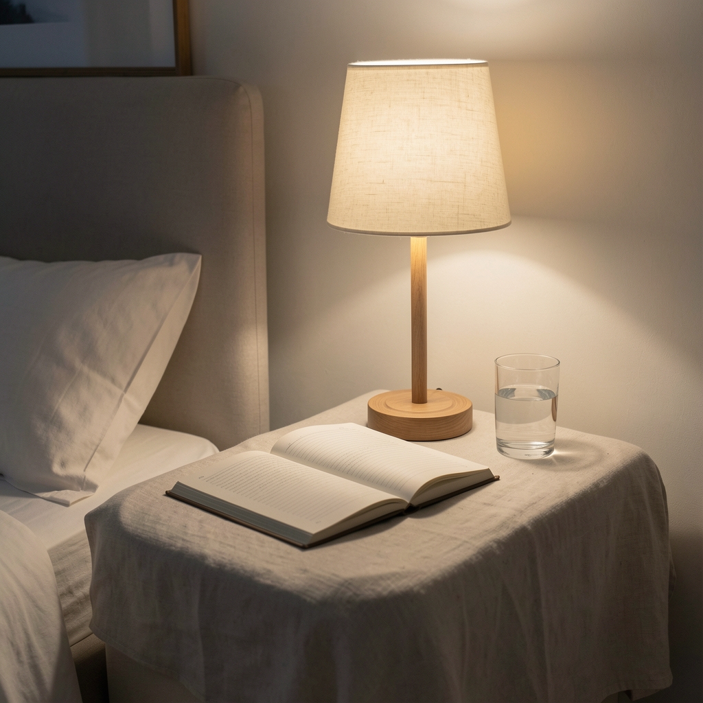 Quiet bedroom scene with a bedside lamp, open notebook, and a glass of water on a pale linen bedside table, editorial nighttime atmosphere
