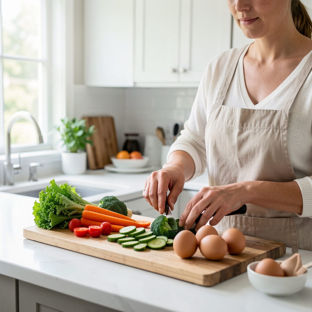Person preparing a balanced meal in a bright kitchen, vegetables and eggs on a wooden chopping board, editorial natural daylight photography