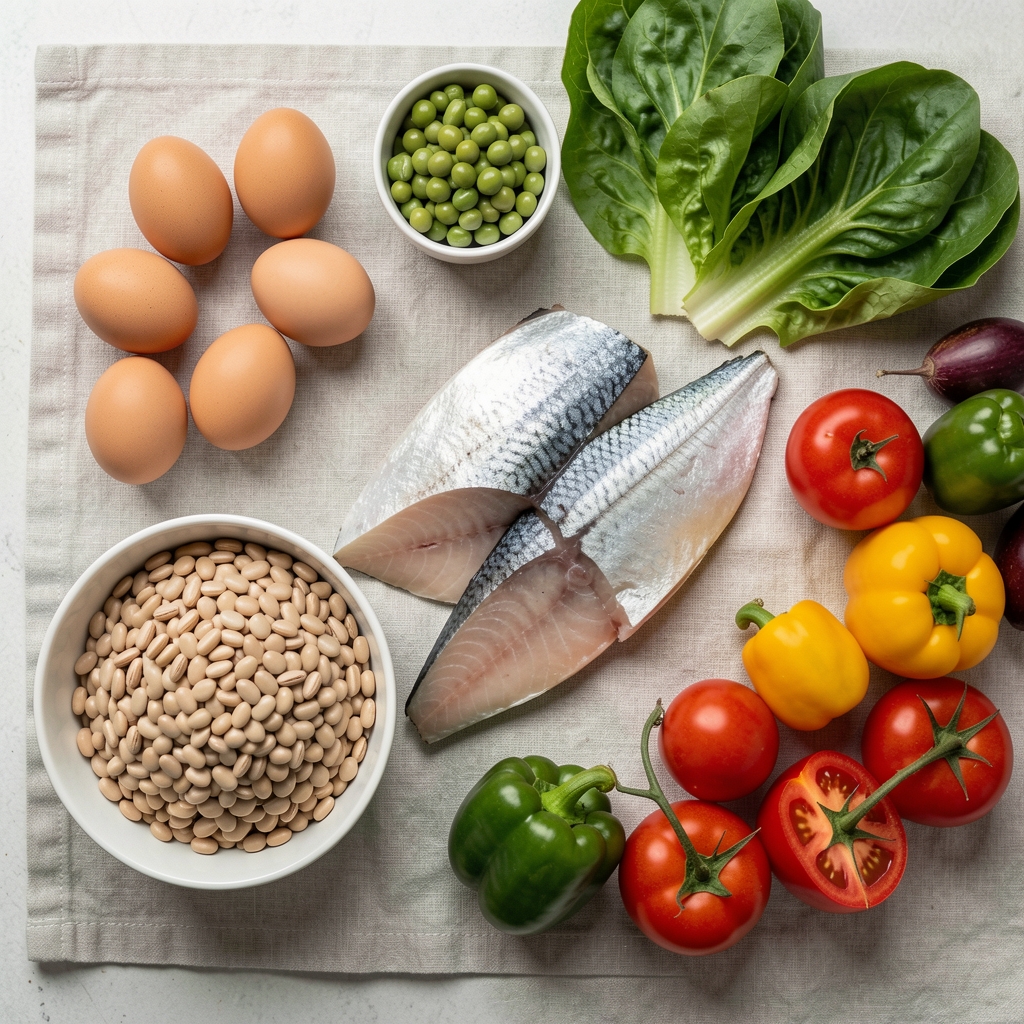 Whole foods laid out on a pale linen cloth, eggs, legumes, fish fillet, and colourful vegetables, overhead editorial flat lay, natural light