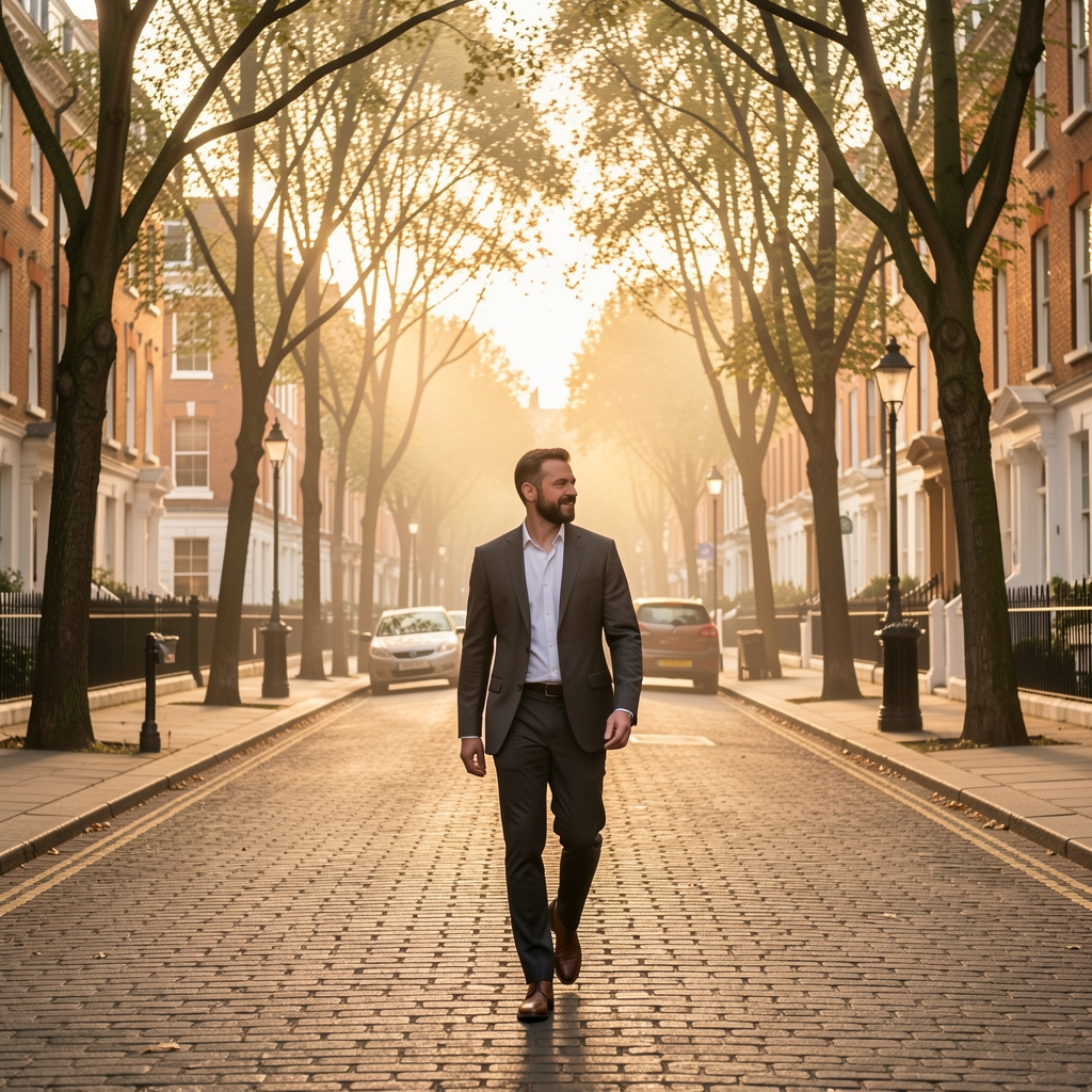 Person walking on a quiet tree-lined London street in early morning light, soft golden hour, editorial lifestyle