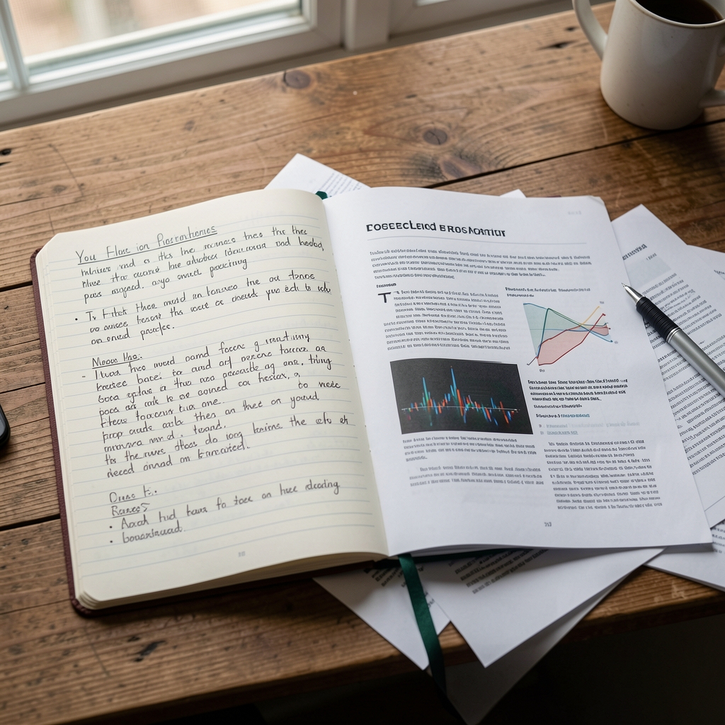 Open notebook with handwritten field notes and printed research pages spread across a wooden desk in natural window light, editorial documentary overhead